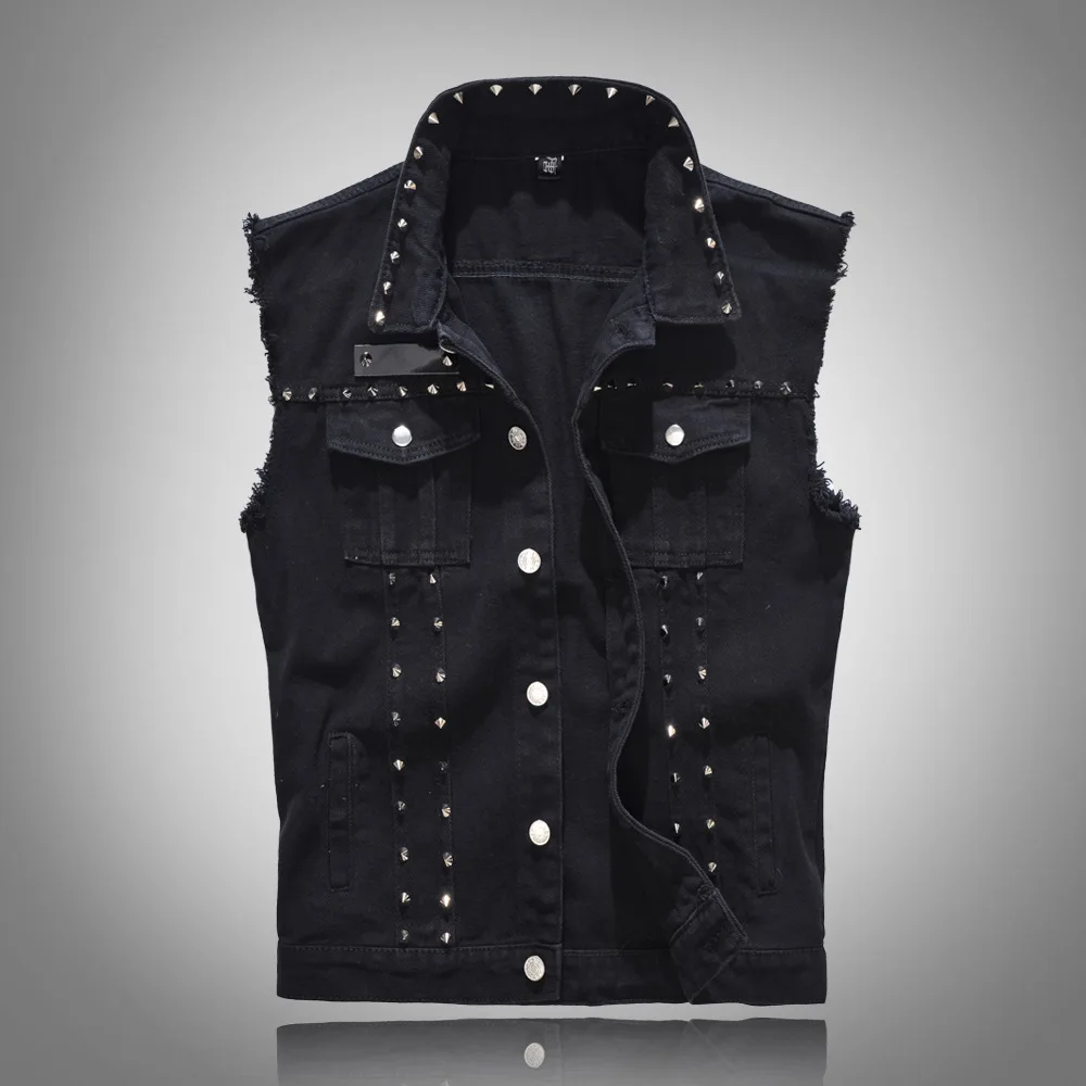Men'S Fashion Vest With Jeans - Colete Jeans Masculino com Rebites e