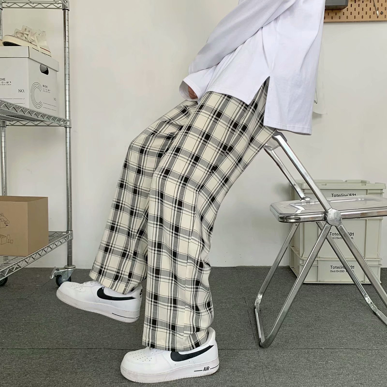 Men Fashion Korean Style - Calças xadrez masculinas estilo coreano, corte