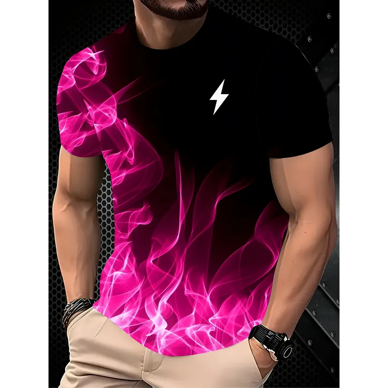 Men'S Fashion Pink Shirt - Camiseta Masculina com Estampa de Relâmpagos,