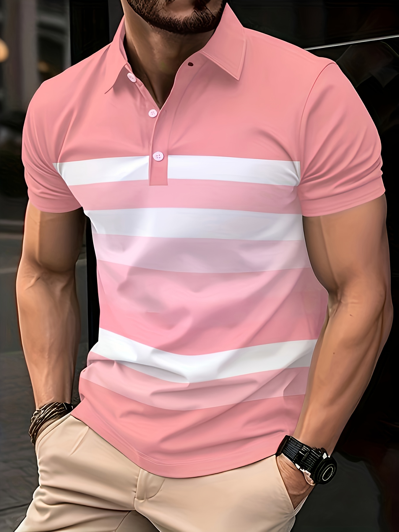 Camisa Masculina de Manga Curt - Men'S Fashion Pink Shirt avaliação e preço