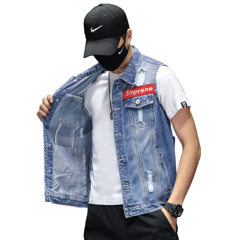 Nova moda masculina azul denim - Men'S Fashion Vest With Jeans avaliação e preço